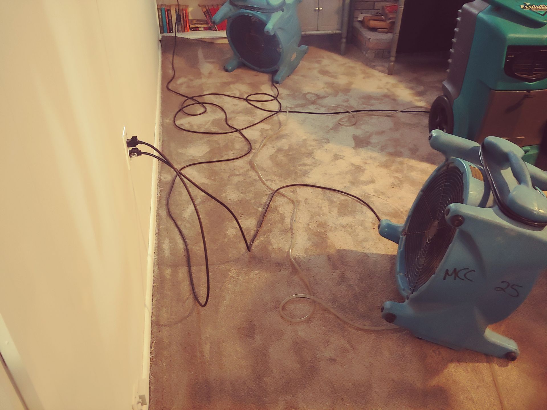 Three blue fans with black cords plugged into a wall outlet, drying a concrete floor.