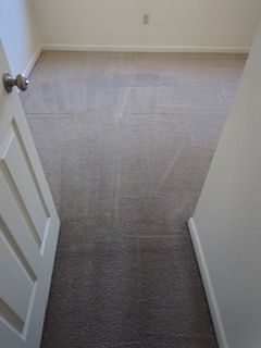 Beige carpet in a room, viewed from a doorway with a partially open white door.