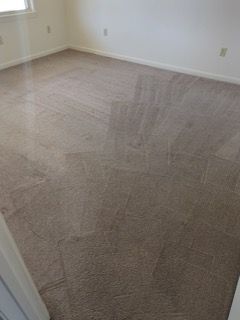 Beige carpeted room with visible cleaning streaks, white walls.