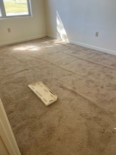 Empty room with tan carpet, a window, and a white utility tray on the floor.