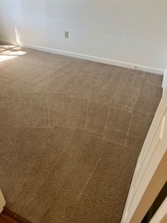 Beige carpet in a room with white walls and a door frame. Sunlight streams in.