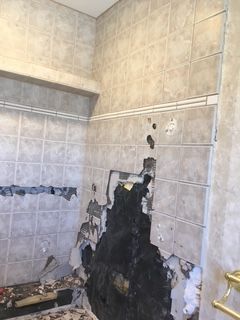 Damaged bathroom wall with missing tiles revealing dark, likely moldy, material underneath.