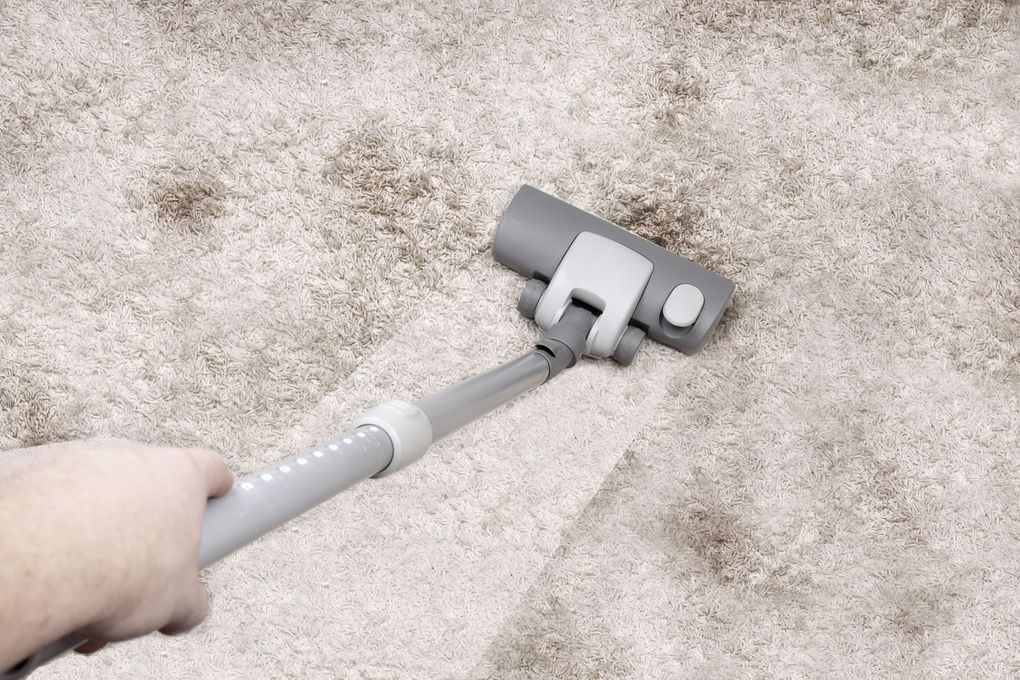 Vacuum cleaning a stained beige carpet. A hand holds the vacuum.
