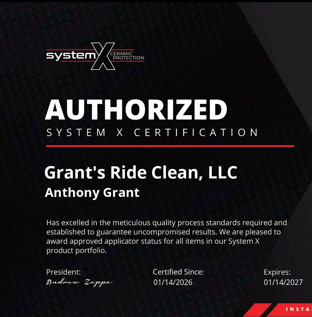 System X Authorized Certification for Grant's Ride Clean, LLC, Anthony Grant; black and red design.