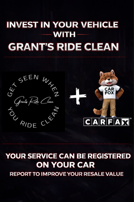 Advertisement for Grant's Ride Clean car service with a CARFAX fox mascot and a mechanic working on a car.