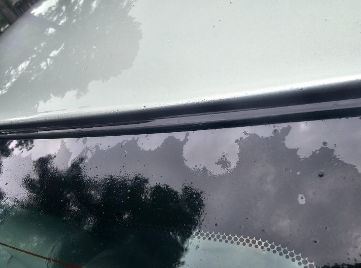 A car's windshield with water spots and a reflection of trees and sky.