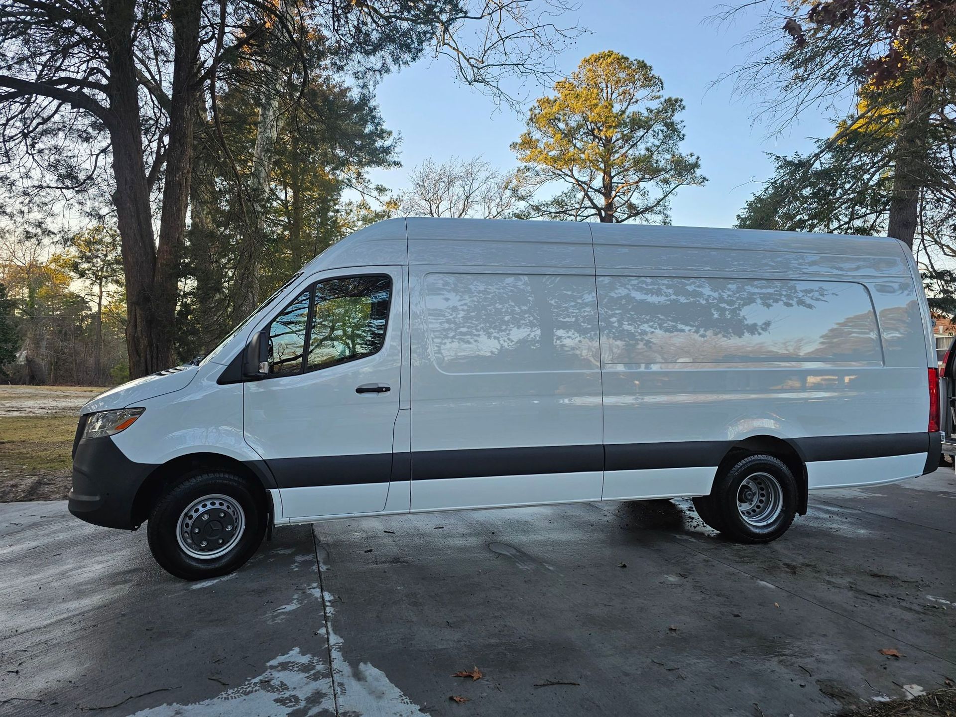 White cargo van parked outdoors on a paved surface, trees and sky in the background.