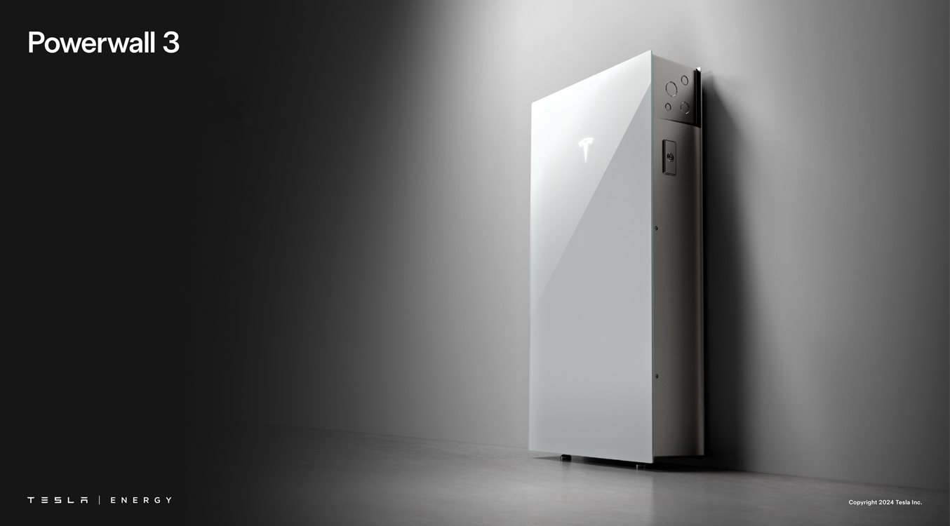 Tesla Powerwall 3 battery unit mounted on a gray wall, lit from above, minimalist design.
