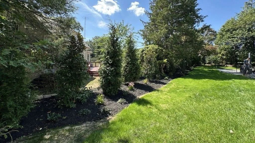 A lush green lawn borders a dark mulch bed with trees under a bright blue sky.