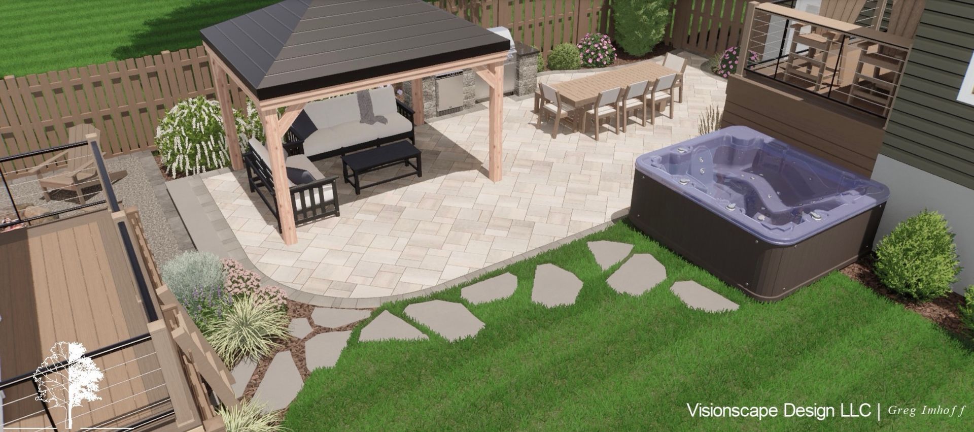 A backyard patio design with a gazebo, hot tub, dining area, and stepping stones on grass.