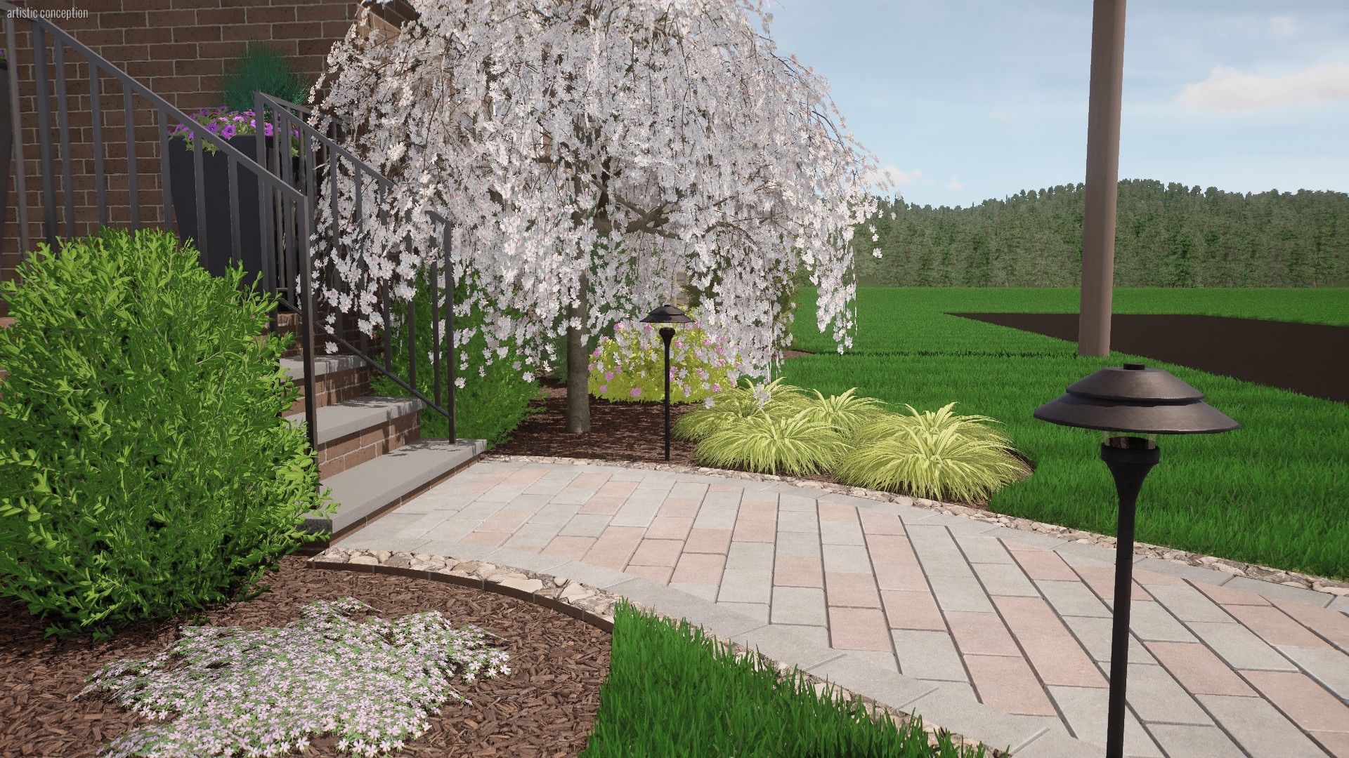 Brick walkway with landscaping, a weeping tree, and a green lawn.