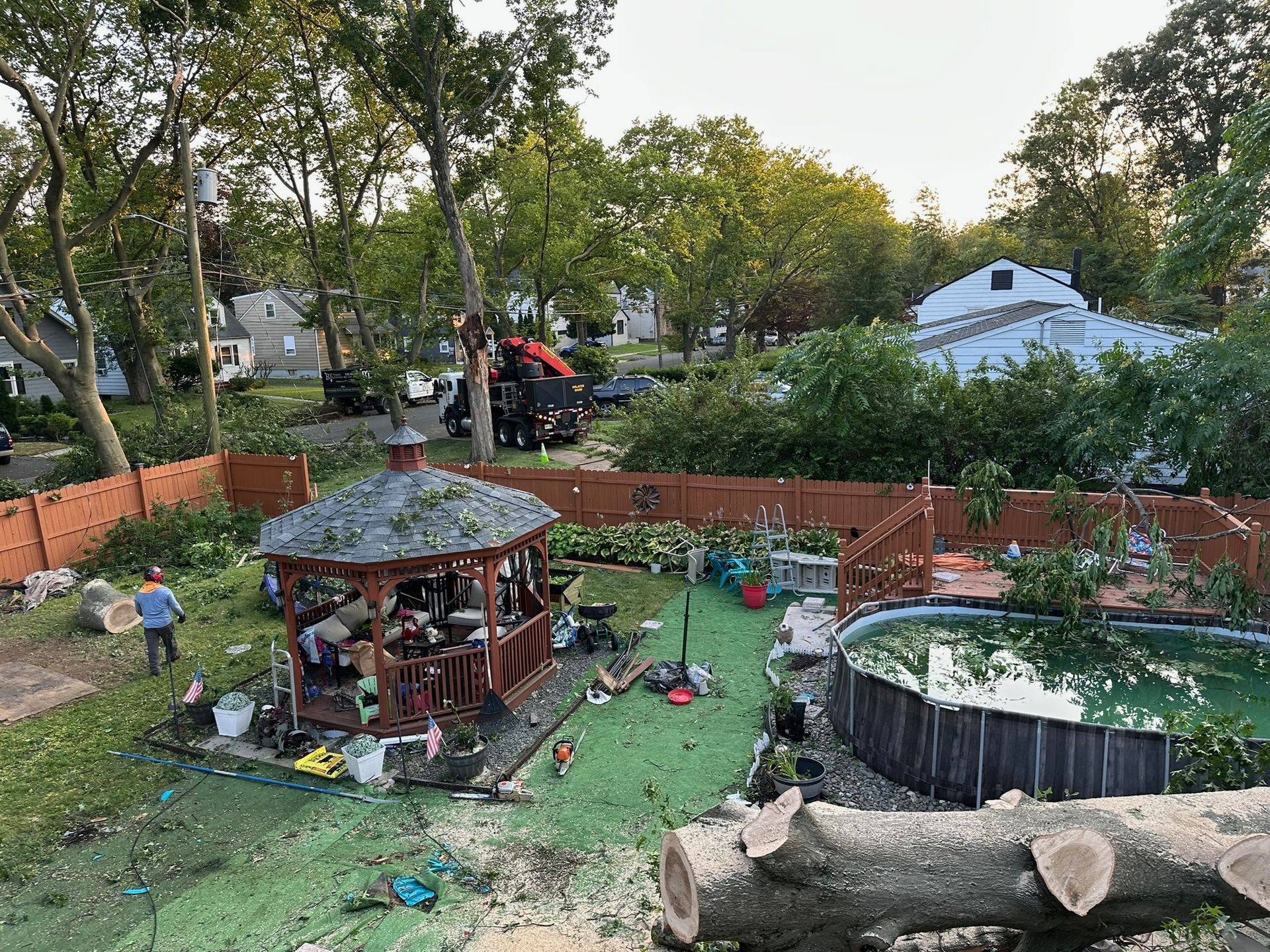 Tree removal work in a backyard with a gazebo, pool, and surrounding houses.