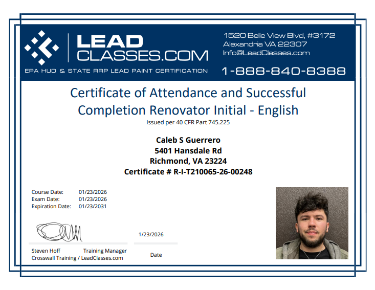 Certificate of attendance for Caleb Guerrero, with his photo and course details.