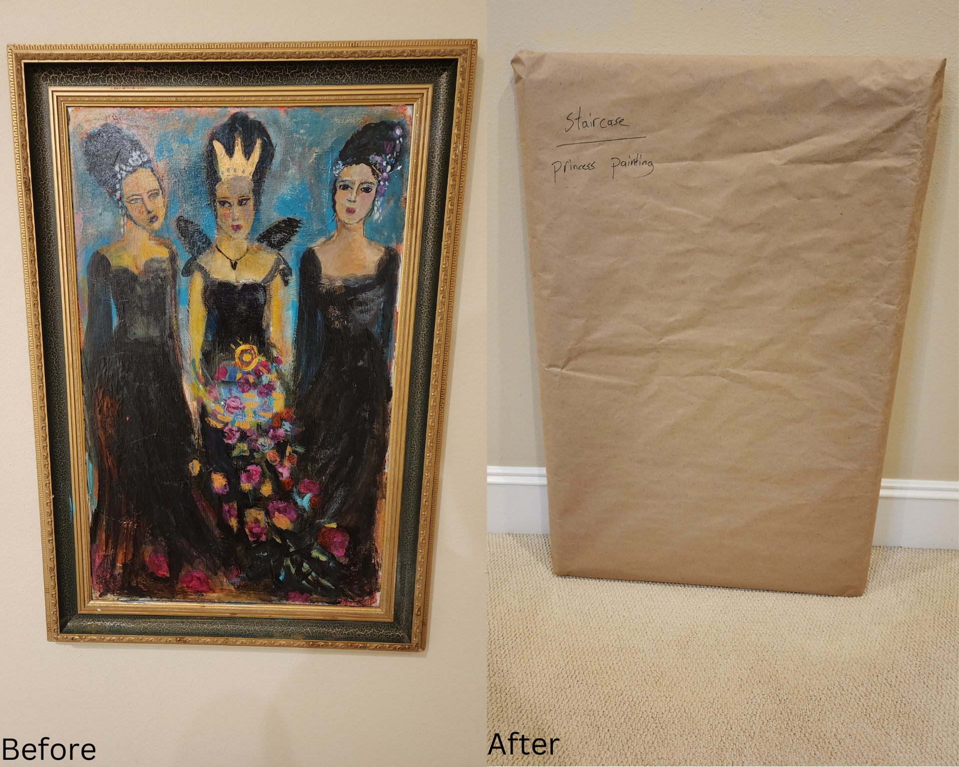 A before and after picture of a painting on a wall