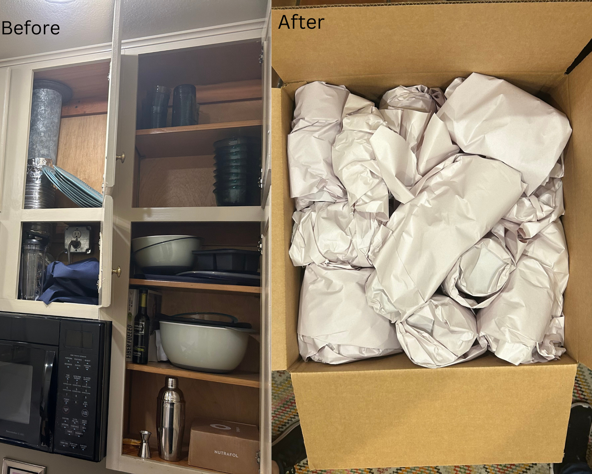 A before and after picture of a kitchen cabinet