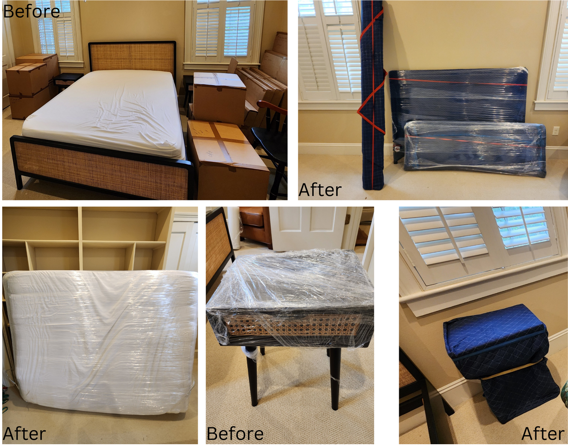 A collage of before and after photos of a bed , table , and couch.