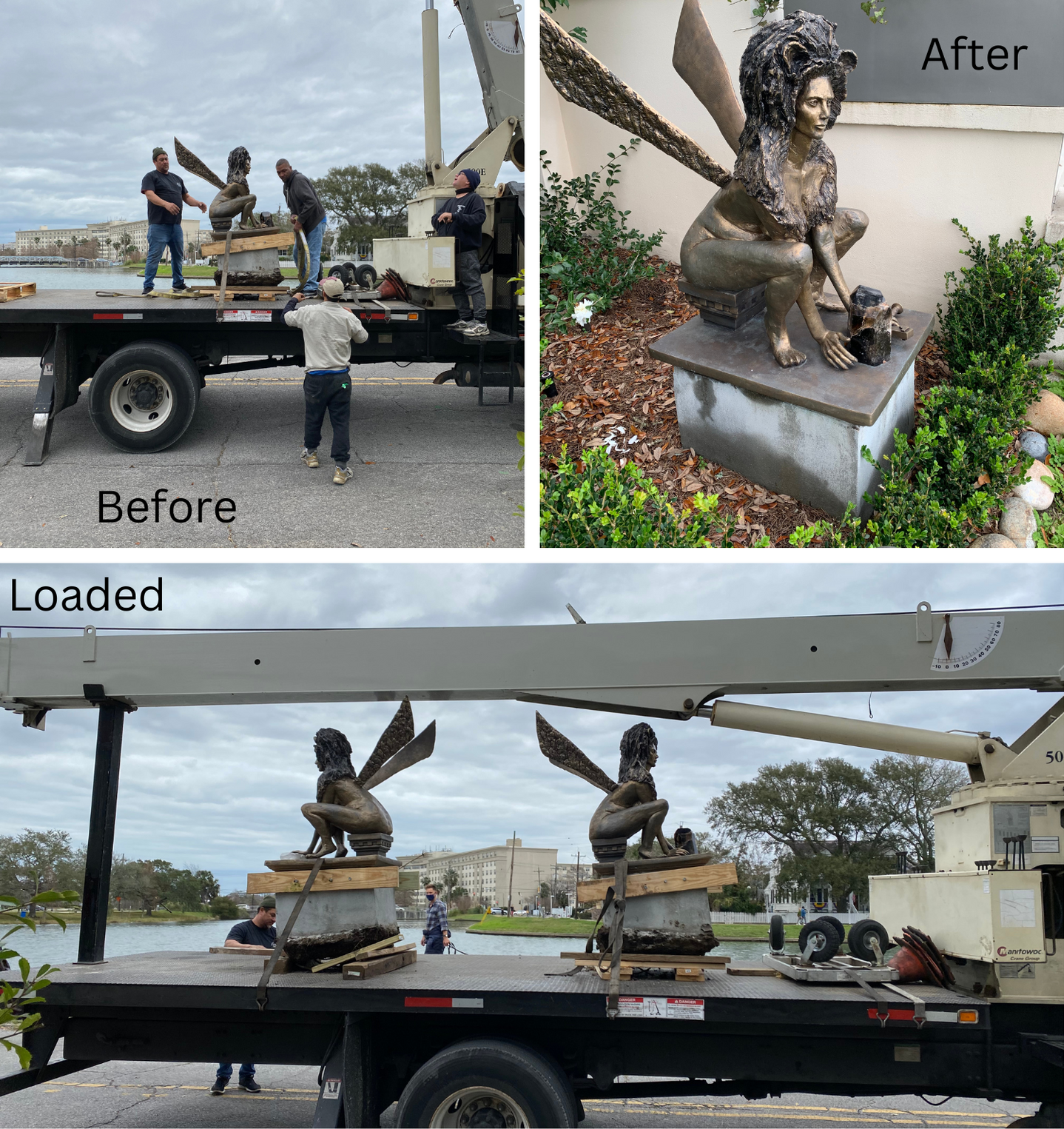 A before and after photo of a statue being loaded on a truck
