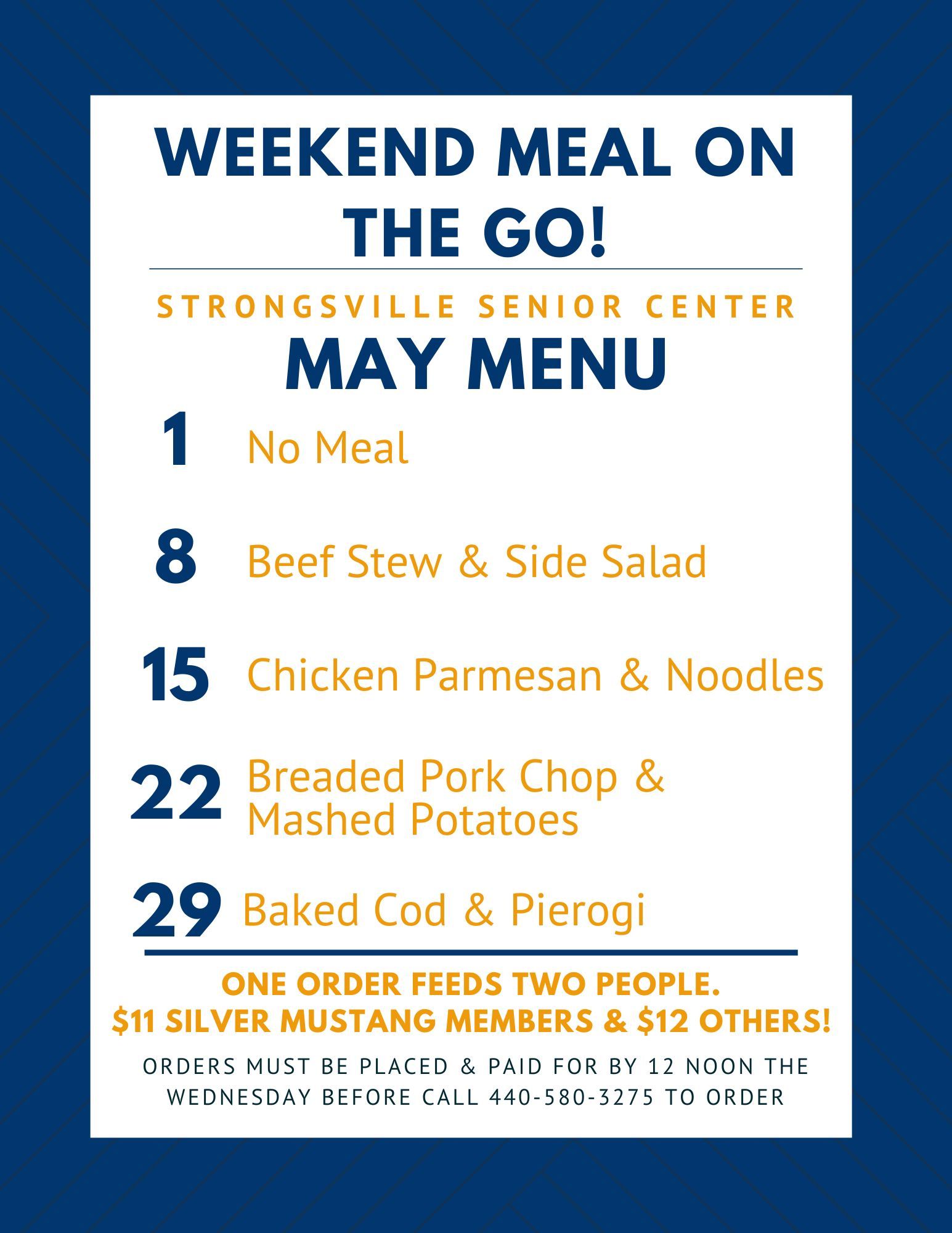 Strongsville Senior Center March menu for weekend meals, feeding two: Swiss steak, pollock, beef stew, and Italian sausage.