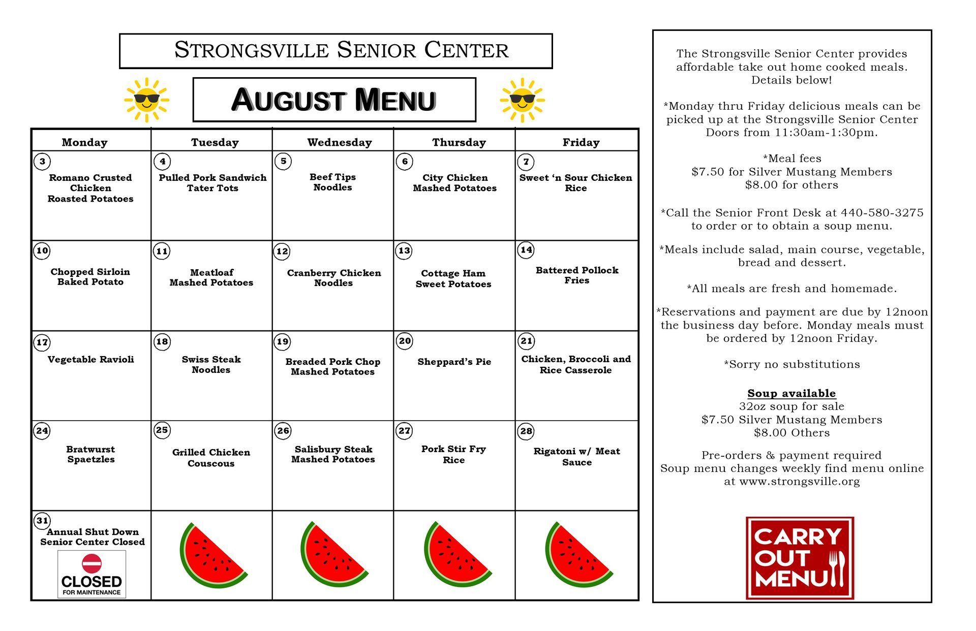 Strongsville Senior Center June Menu with a calendar layout and shamrocks.