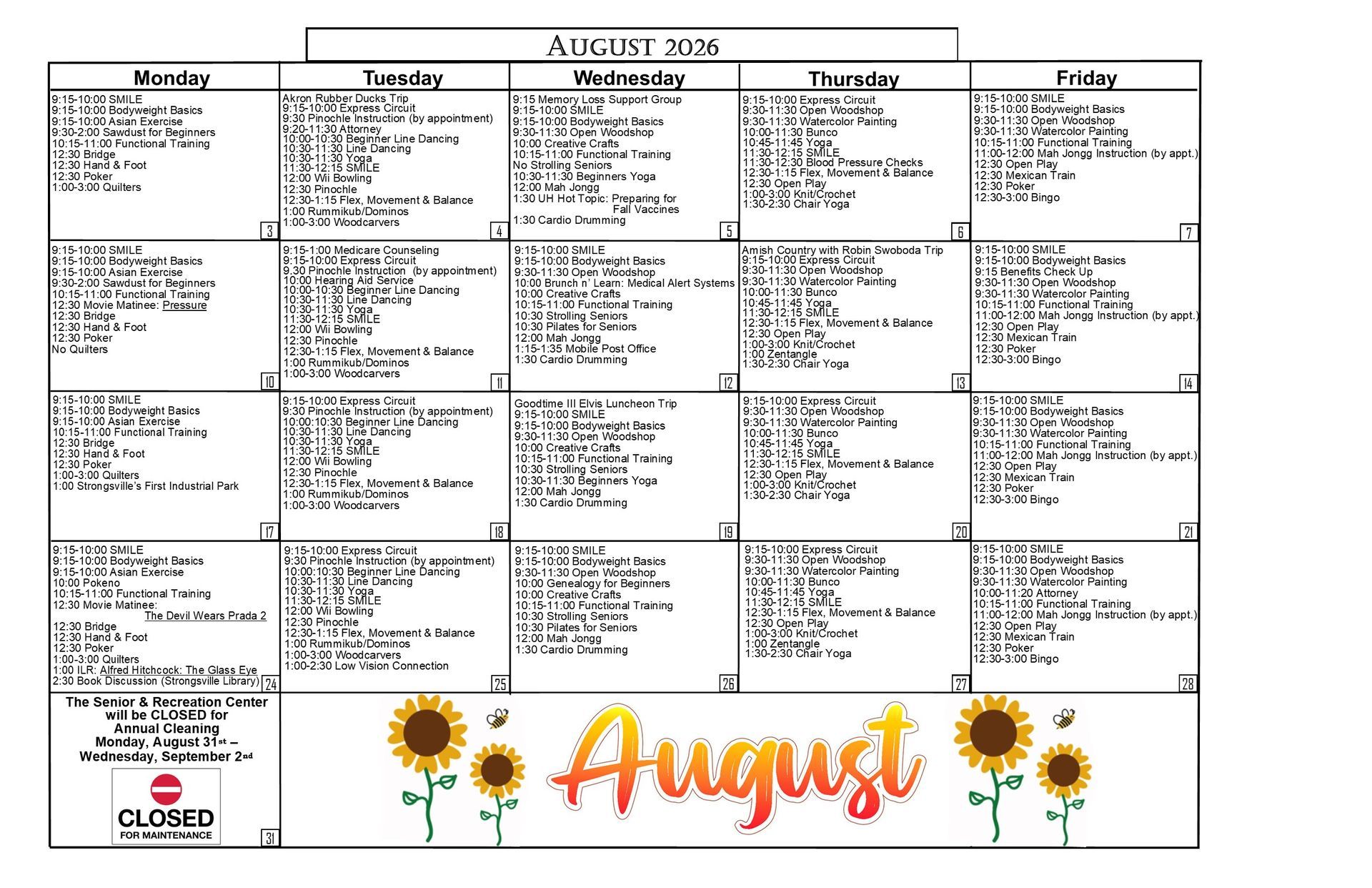 Fitness and activity schedule with class names, times, and days for the week.