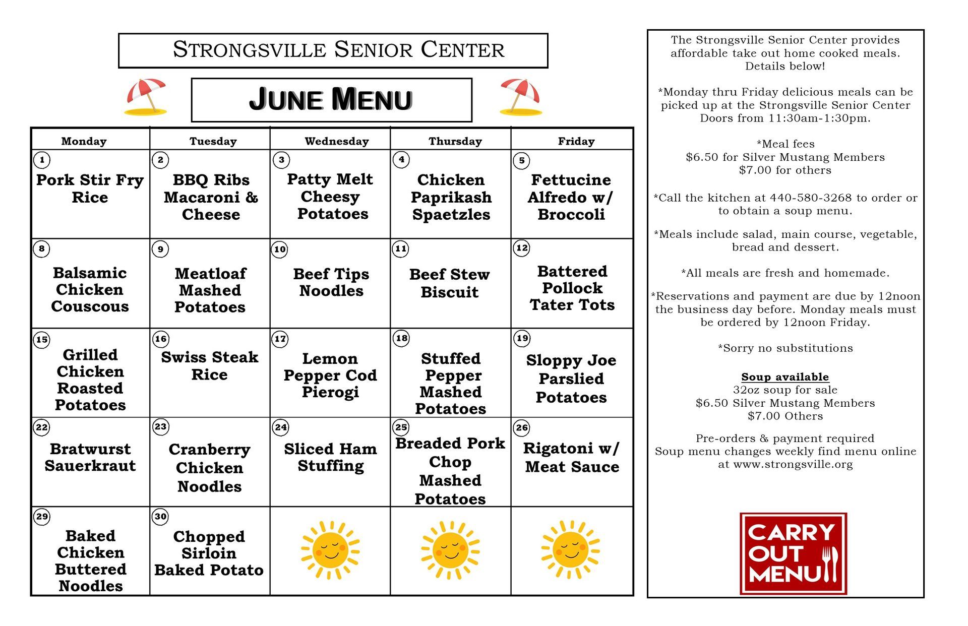 Strongsville Senior Center June Menu with a calendar layout and shamrocks.
