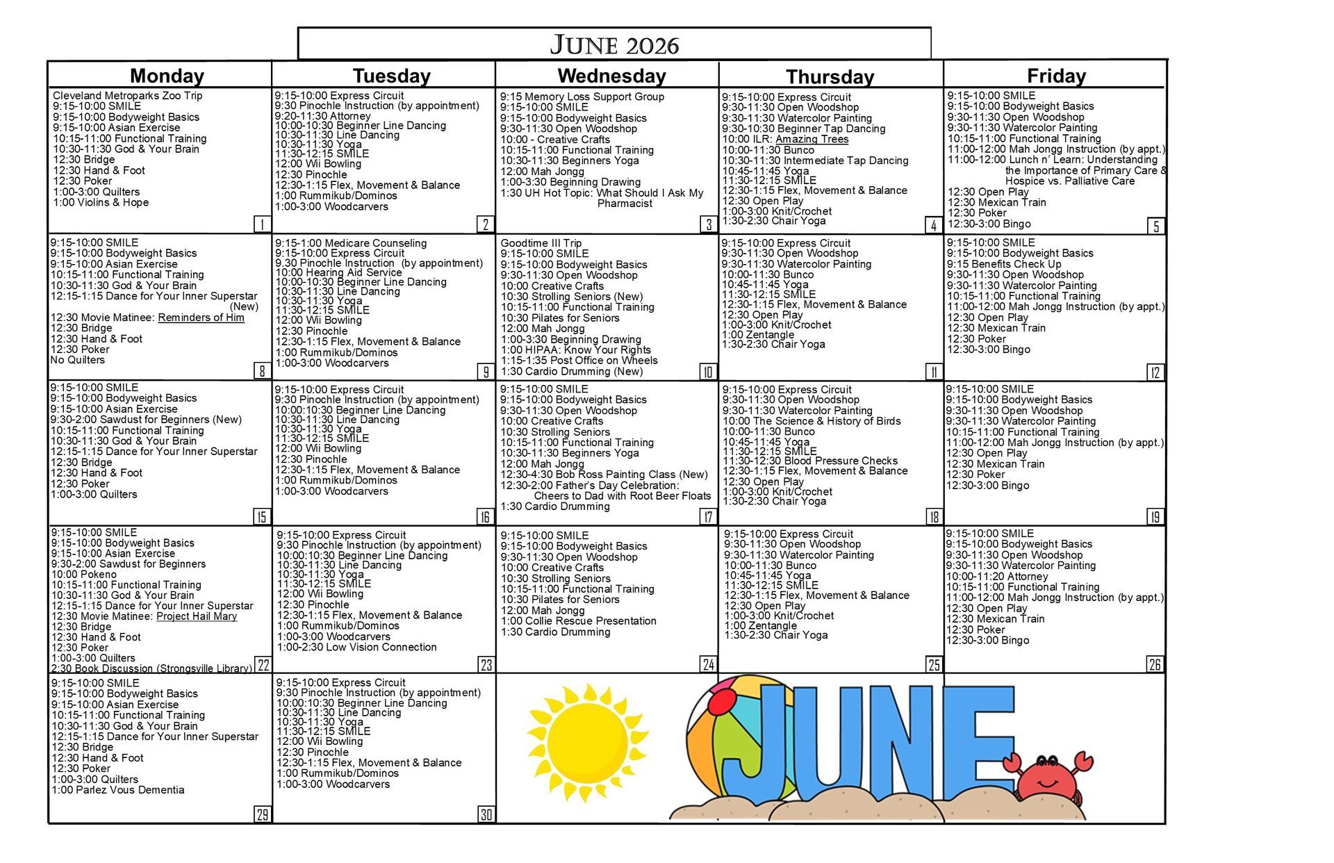 Fitness and activity schedule with class names, times, and days for the week.