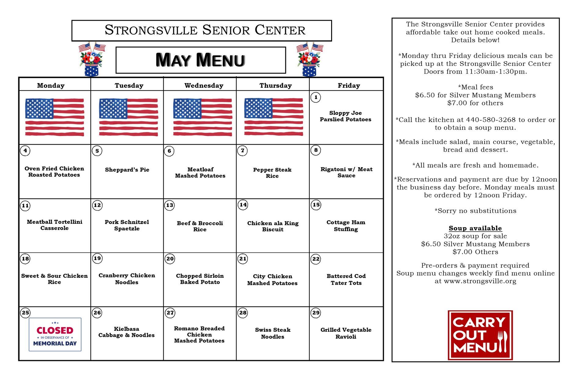 Emersonville Senior Center March Menu with a calendar layout and shamrocks.