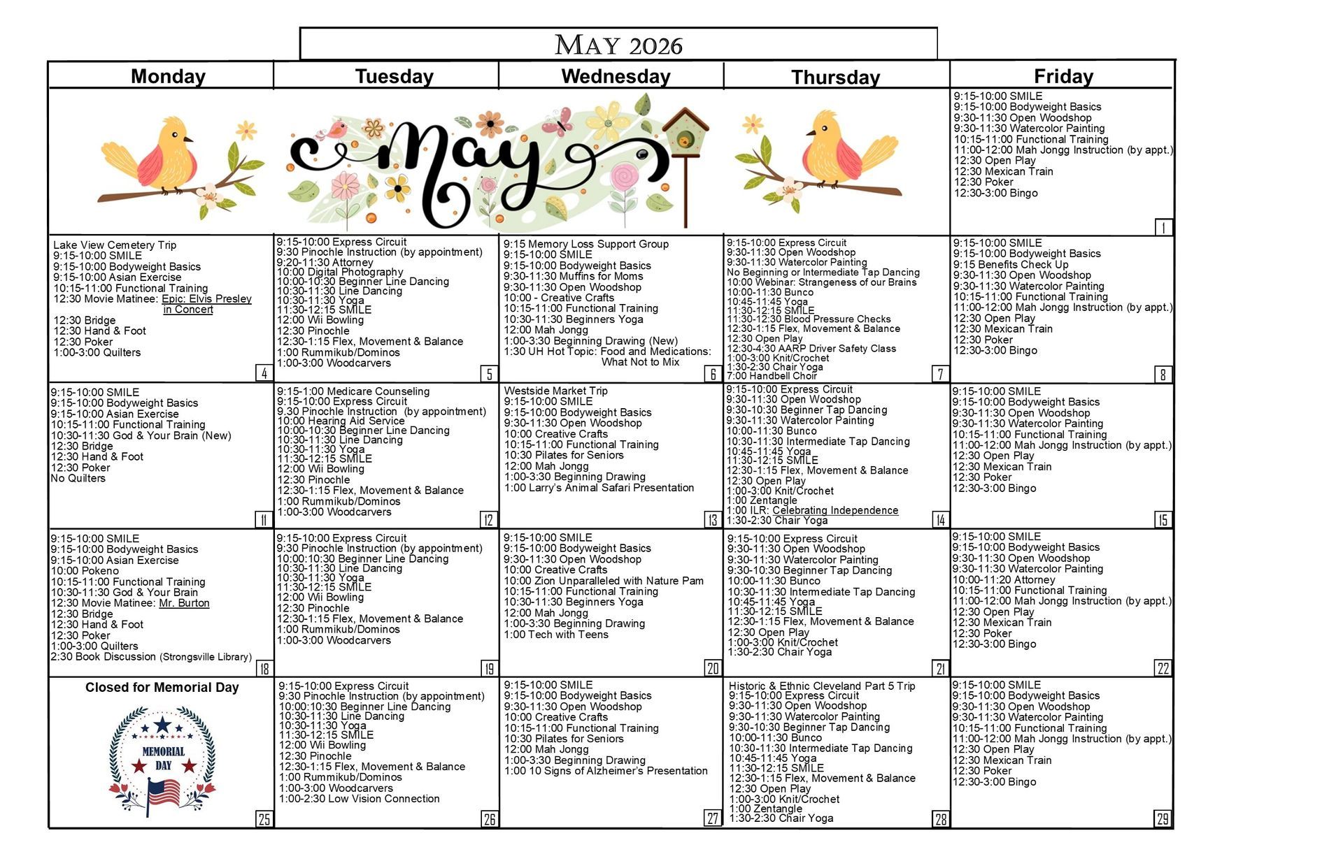 Fitness and activity schedule with class names, times, and days for the week.