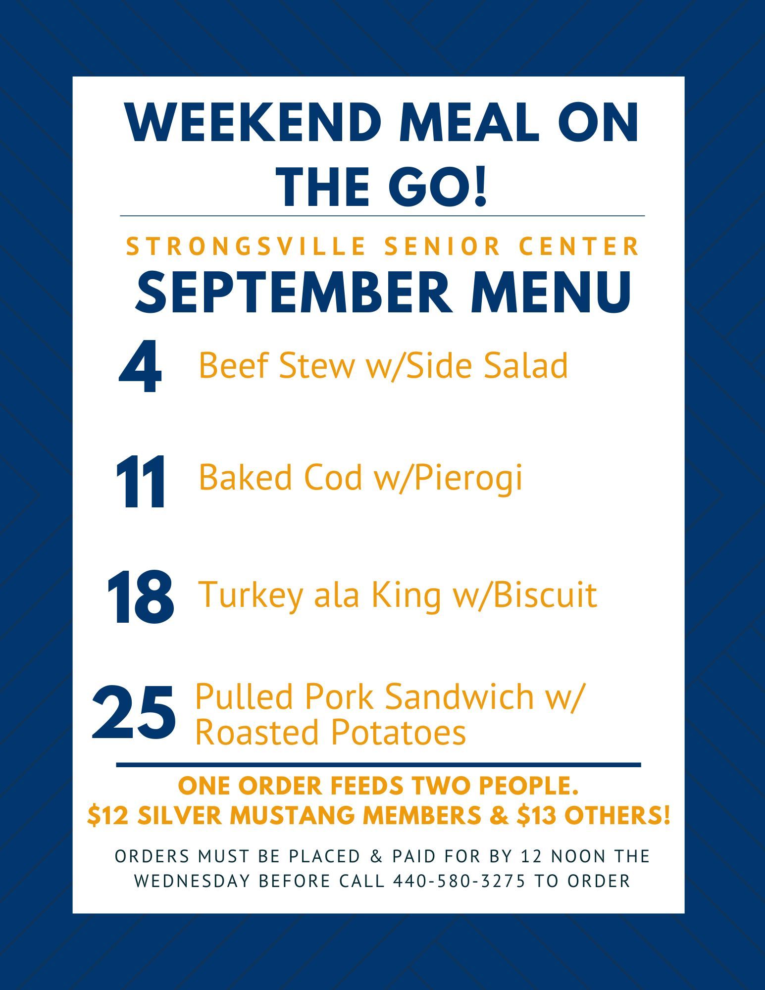 Strongsville Senior Center March menu for weekend meals, feeding two: Swiss steak, pollock, beef stew, and Italian sausage.