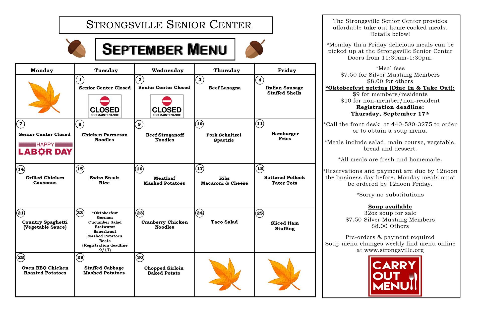 Strongsville Senior Center June Menu with a calendar layout and shamrocks.