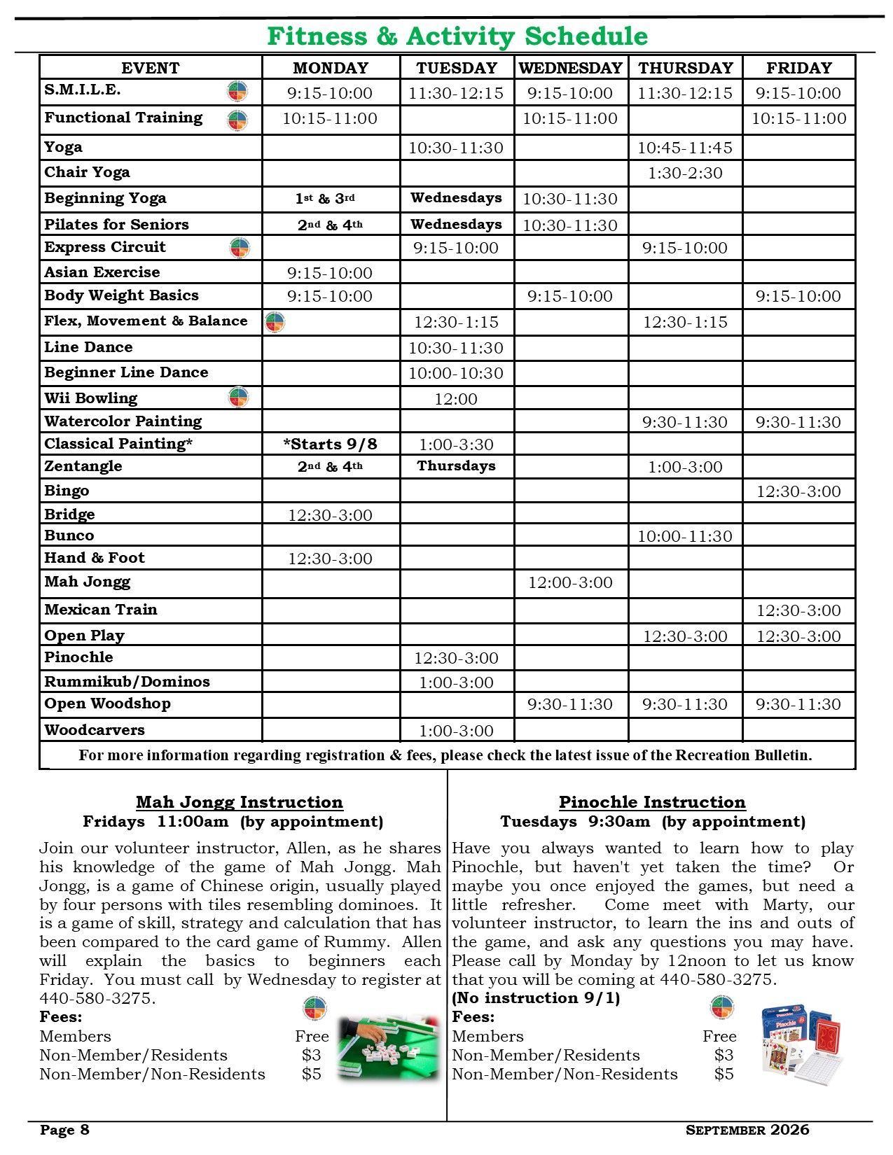 Fitness and activity schedule with class names, times, and days for the week.