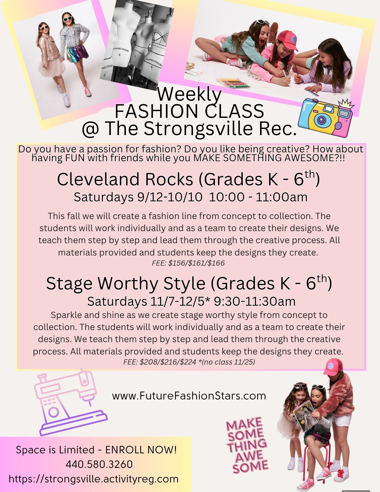 Fashion class flyer with girls posing in pink and white, listing weekly and stage-worthy classes.