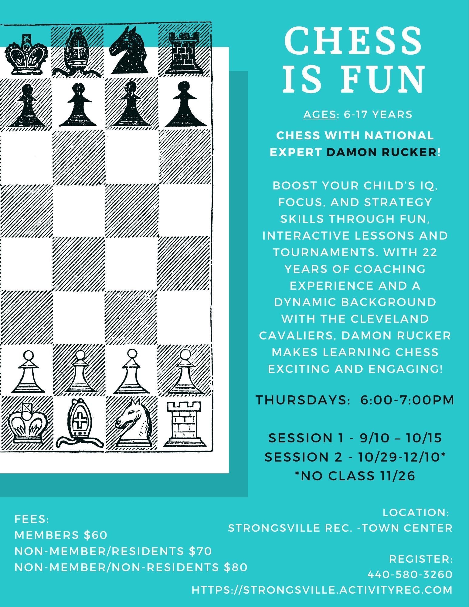 Turquoise chess club poster with a chessboard and “CHESS IS FUN” event details and session times.