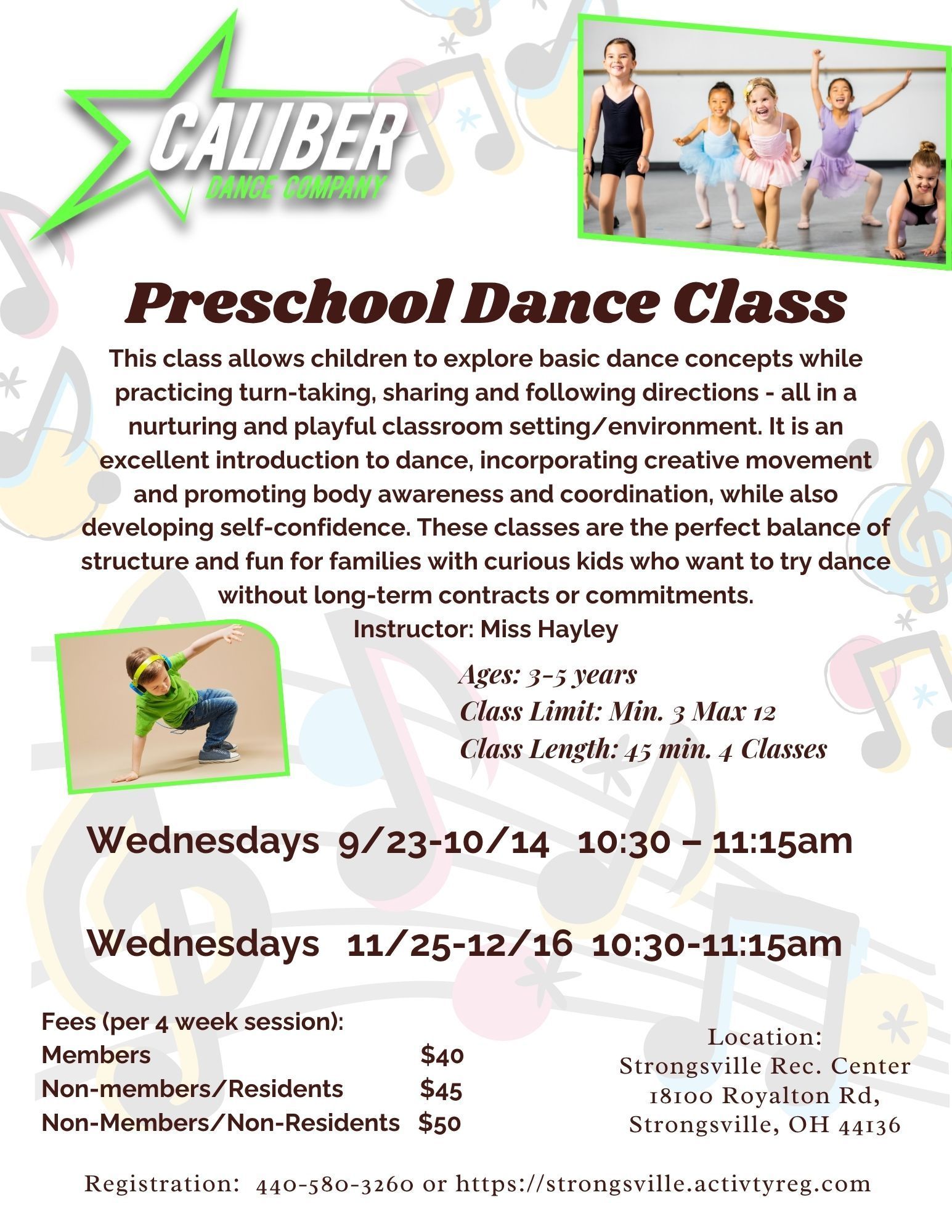 Dance class flyer for preschoolers, with children dancing and class schedule on a white background