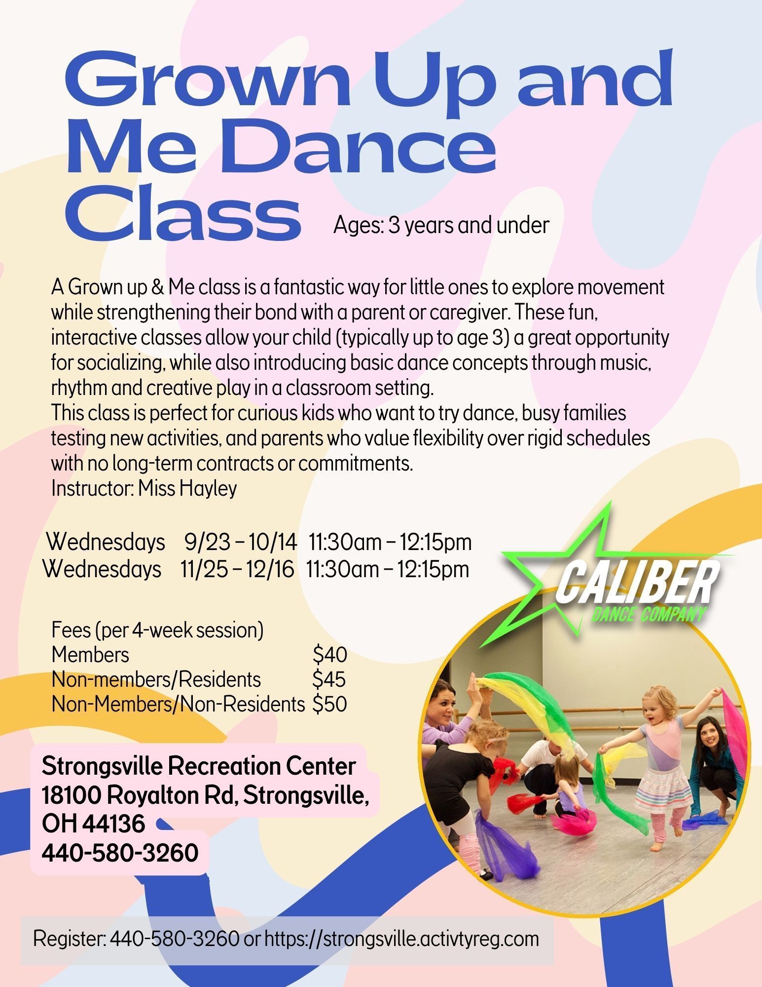 Flyer for Grown Up and Me Dance Class with class details and a dancer photo on a pastel background