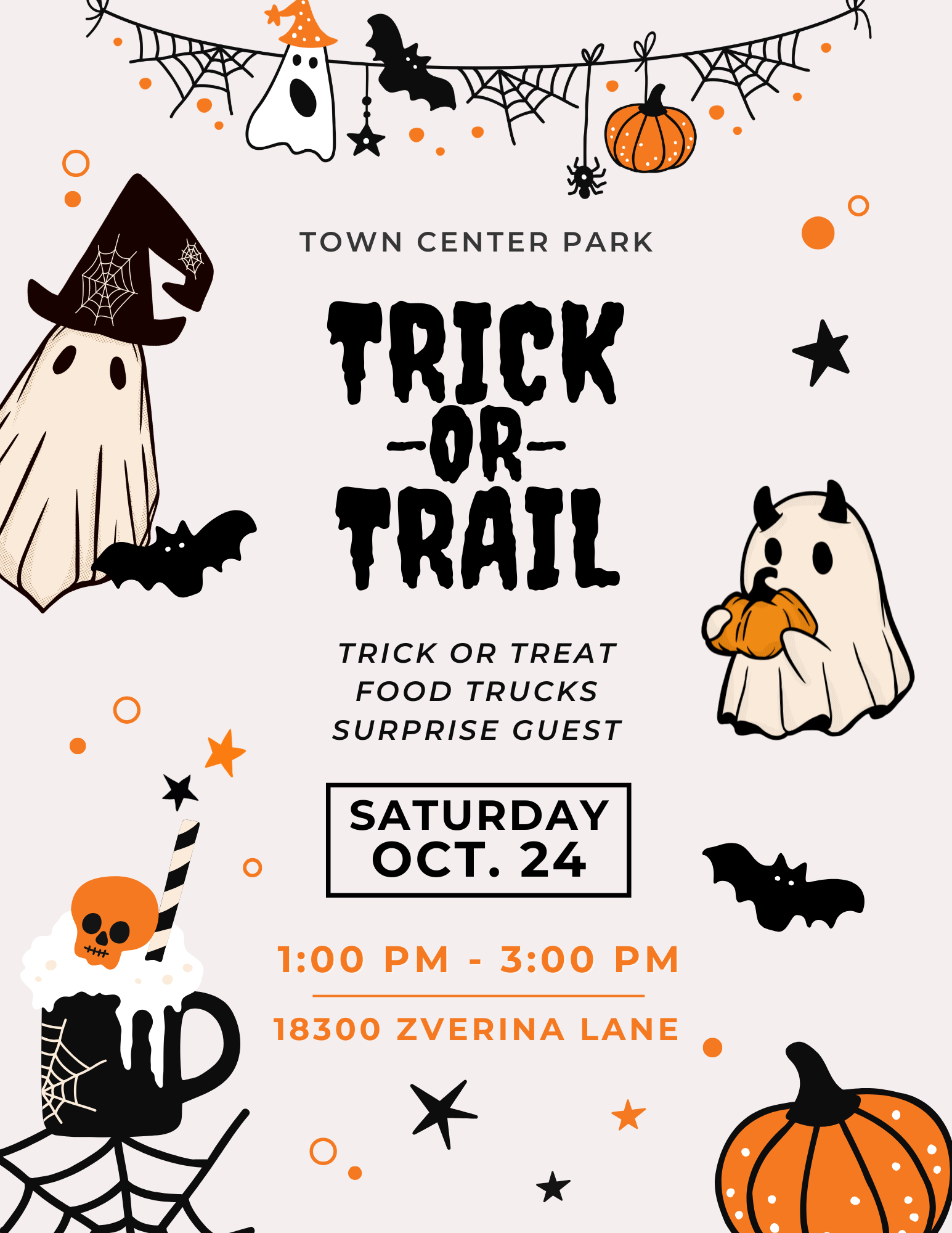 Town Center Park Trick-or-Trail flyer with ghosts, pumpkins, black cats, and event time/date details