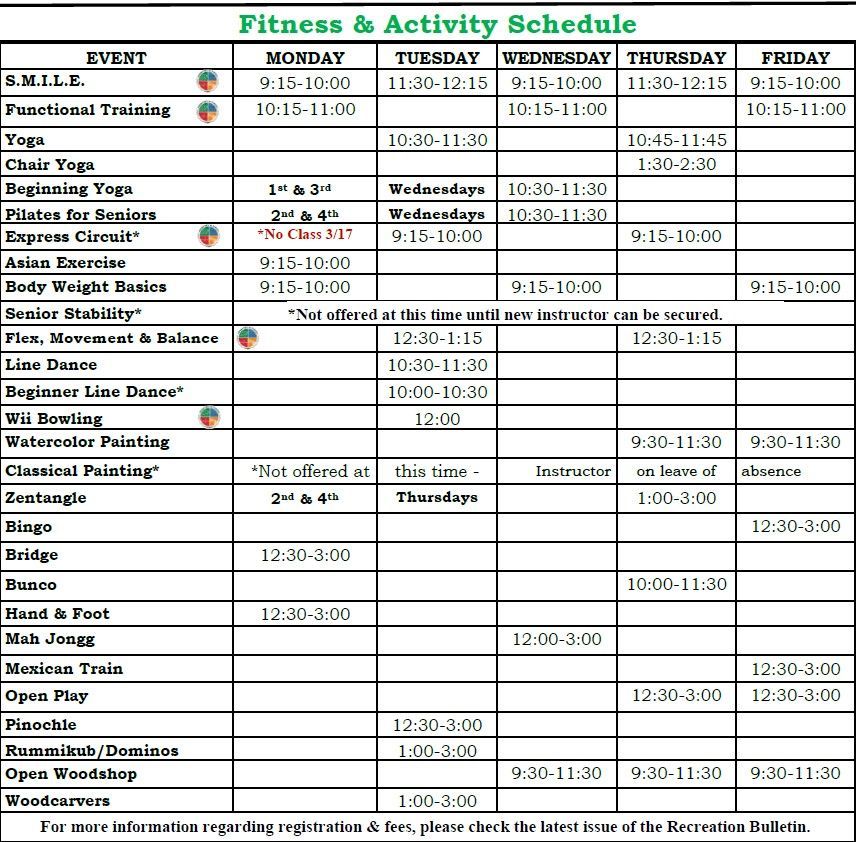 Fitness and activity schedule with class names, times, and days for the week.