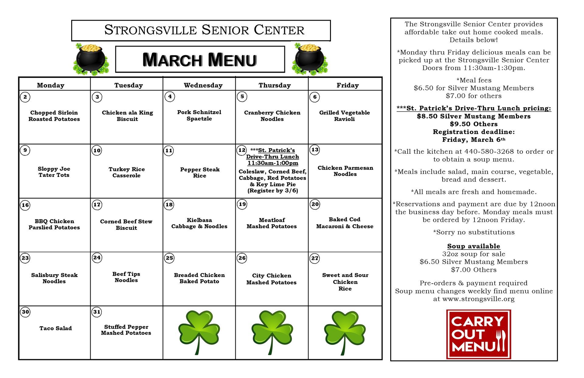 Emersonville Senior Center March Menu with a calendar layout and shamrocks.