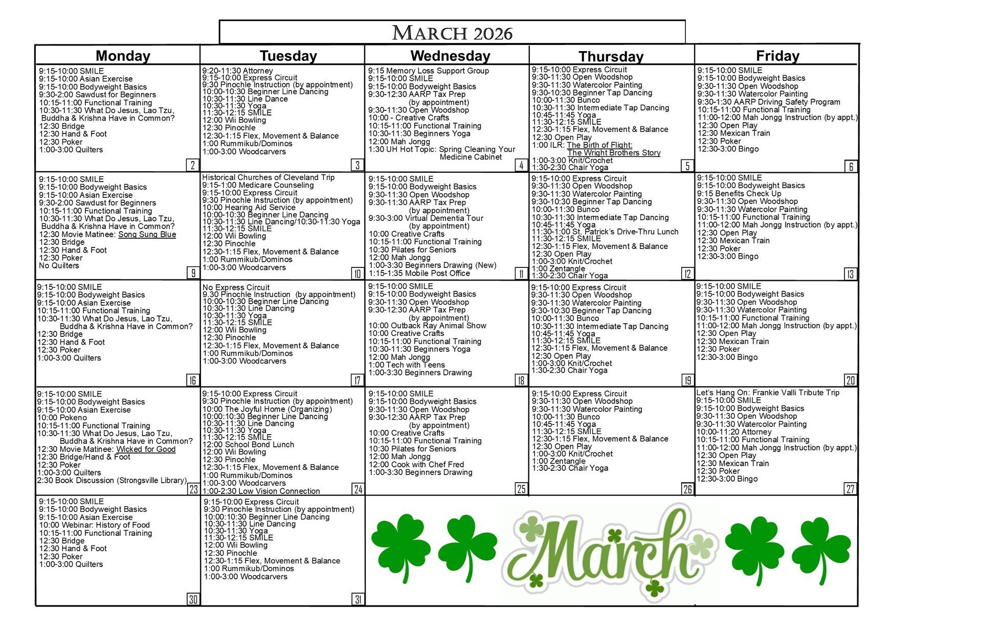 March 2026 calendar with daily appointments and green shamrock decorations.