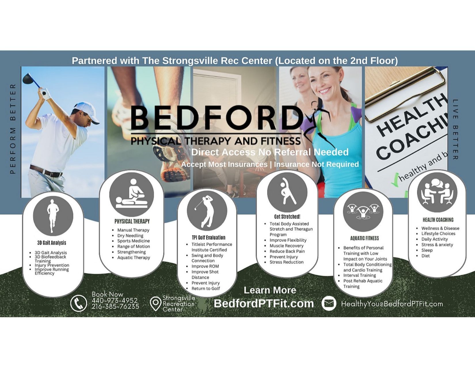 Advertisement for Bedford Physical Therapy and Fitness, located at Strongsville Rec Center, offering various therapies.