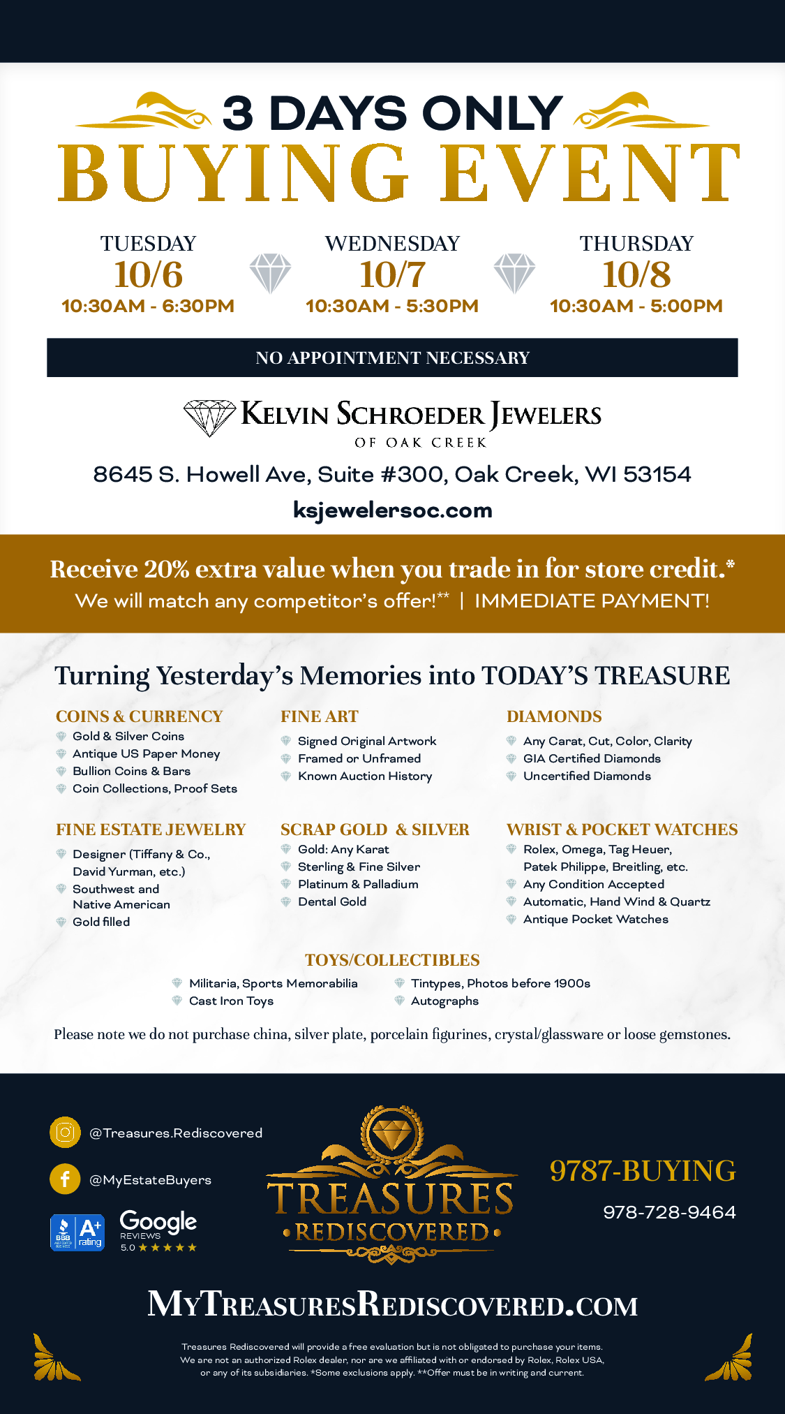 “3 Days Only Buying Event” flyer with gold text, dates, event details, and dealership logos on a white background