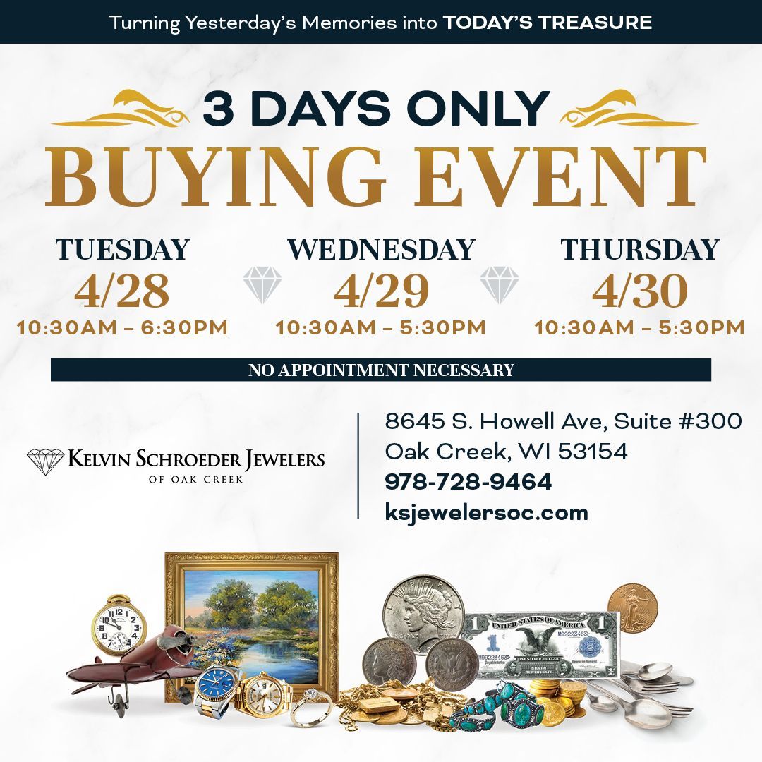 Event flyer for Kevin Schrouder Jewelers, detailing a 3-day buying event held April 28–30 in Oak Creek, WI.