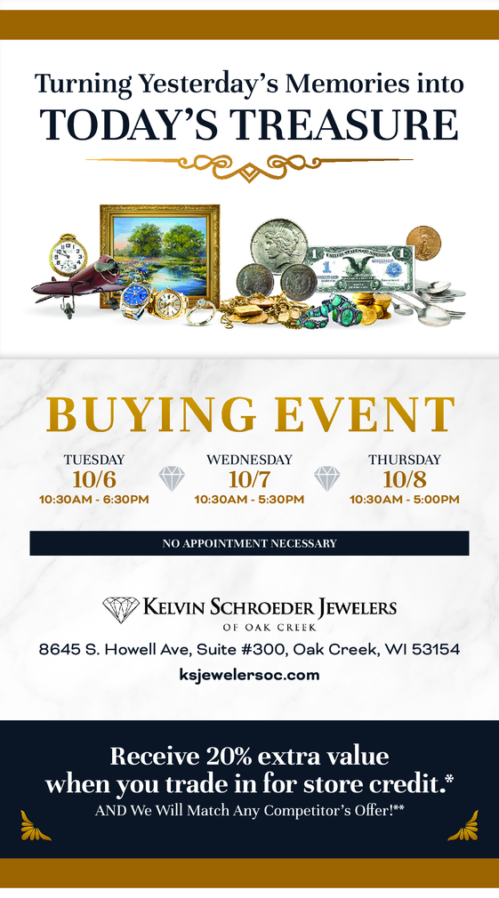 Jewelry buying event poster with gold text, rings, gemstones, and dates Oct. 5–8 at Kevin Scneiders Jewelers