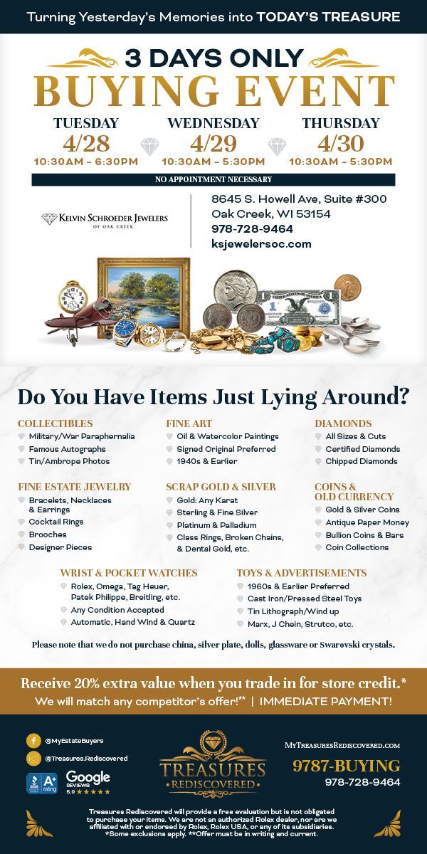 An advertisement for a 3-day buying event at Treasures Estate Sales, listing dates, location, and accepted items.
