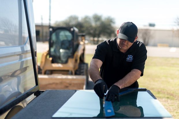 Man using a tool to work on a glass pane outside near a construction vehicle.