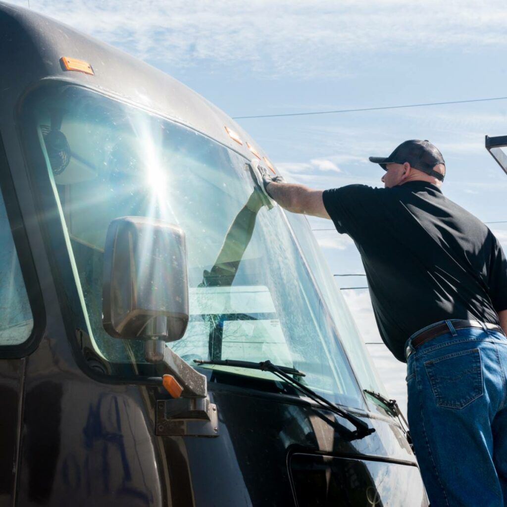 Man cleaning the windshield of a brown UPS truck on a sunny day.