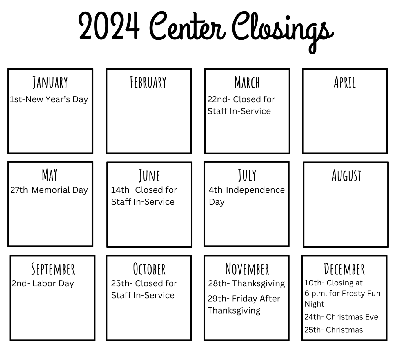 A calendar showing the 2024 center closings for each month.