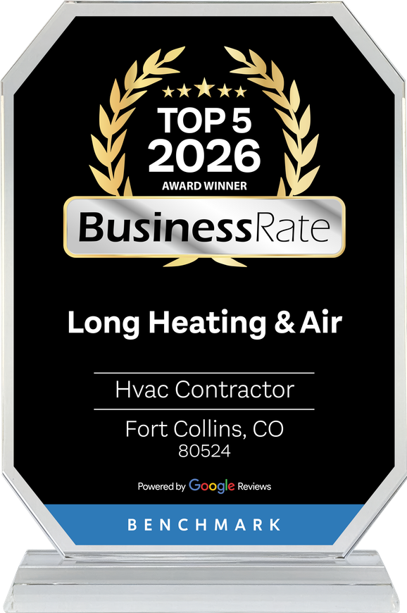 BusinessRate Top 5 2026 award plaque for Long Heating & Air in Fort Collins, CO, black and gold.