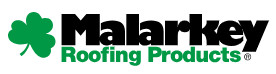 Malarkey Roofing Products logo: black text with green shamrock icon and green 