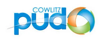 Logo for Cowlitz PUD featuring blue text and a colorful sphere.